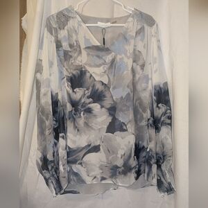 NWT Calvin Klein V-Neck Peasant Blue/Gray/White Top Women's Large